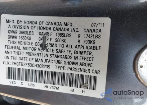 2012 Honda Civic Lx from USA, damaged, VIN 2HGFB2F50CH308239